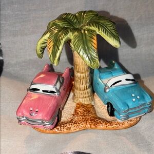 Vintage Pink and Blue Car Figurine with Palm Tree